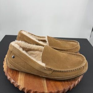 ABEO Arden men's slipper in tan suede sz 11N narrow shearling interior